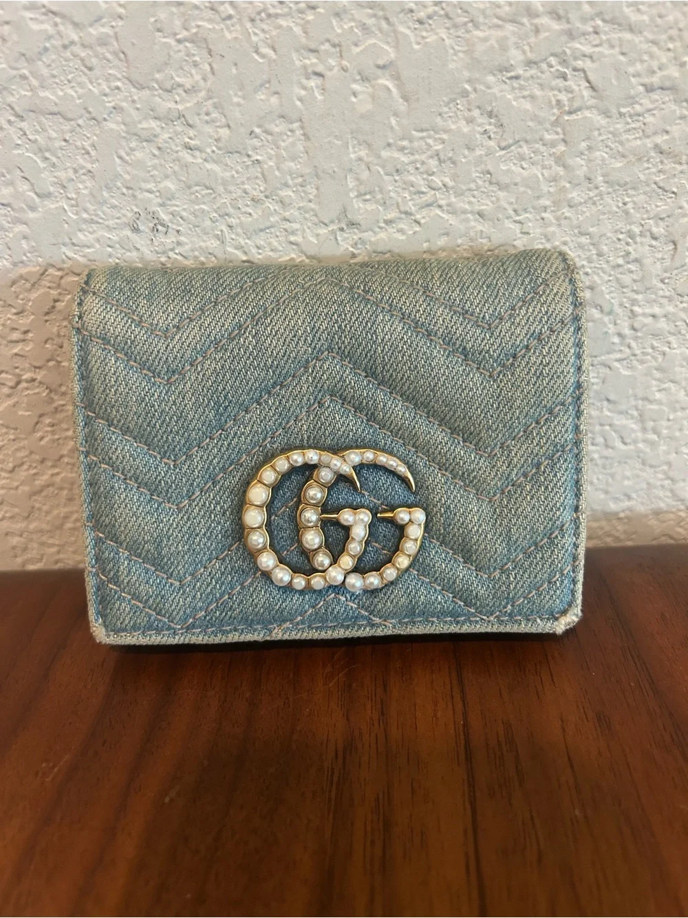 Gucci Denim Wallet with Pearl Double G - Light Blue